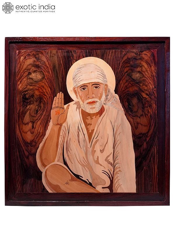 19" Blessing Sai Baba | Natural Color On Wood Panel With Inlay Work