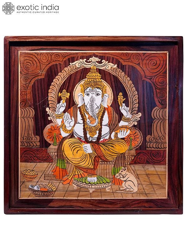 19" Chaturbhuja Ganapati On Aasana | Natural Color On Wood Panel With Inlay Work