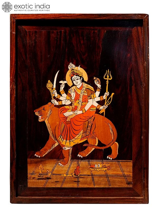 17" Beautiful Painting Of Goddess Durga | Natural Color On Wood Panel With Inlay Work