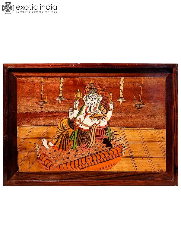 19" The Divine Lord Ganesha On Beautiful Throne | Natural Color On Wood Panel With Inlay Work