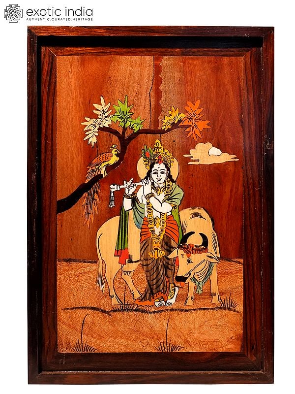 19" Beautiful Sunset View With Krishna And Cow | Natural Color On Wood Panel With Inlay Work