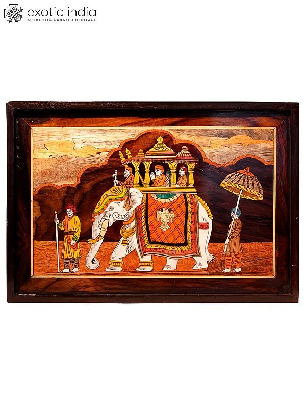 19" Royal Elephant Ride With Prince | Natural Color On Wood Panel With Inlay Work
