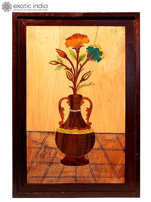 19" Beautiful Flower Pot | Natural Color On Wood Panel With Inlay Work