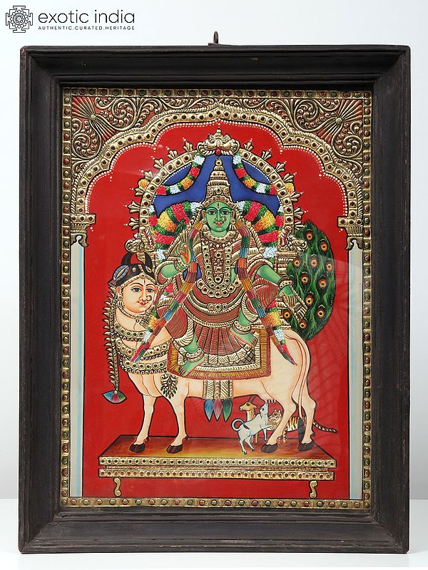 26" Goddess Meenakshi Seated on Kamadhenu Cow | Tanjore Painting | With Frame
