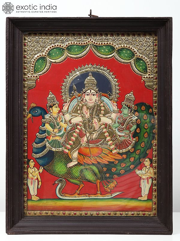 26" Lord Murugan (Karttikeya) Seated on Peacock with Devasena and Valli | Tanjore Painting | With Frame
