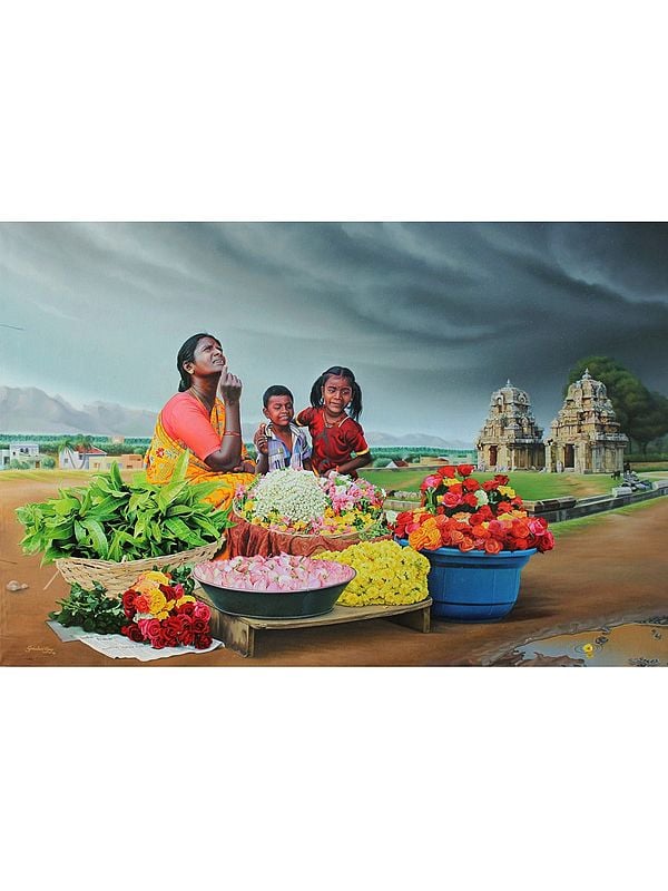 South Indian Woman Selling Flowers with Children | Painting by Gokulam Vijay
