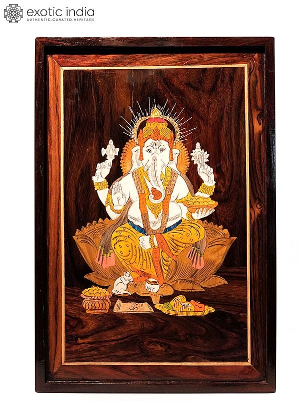 19" Vighnaharta Lord Ganapati | Natural Color On Wood Panel With Inlay Work