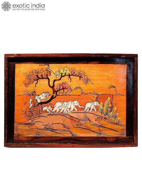 19" Beautiful White Elephant's Family | Natural Color On Wood Panel With Inlay Work