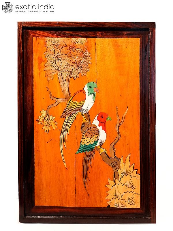 19" Beautiful Pair Of Parrot On Branch | Natural Color On Wood Panel With Inlay Work