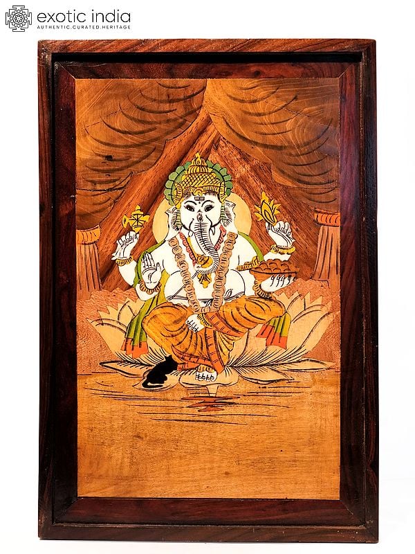 19" Beautiful Lord Ganesha On Lotus | Natural Color On Wood Panel With Inlay Work