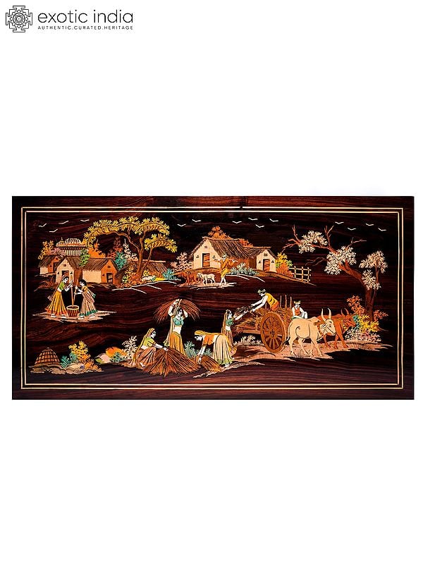 30" Attractive View Of Rural Life | Natural Color On 3D Wood Painting With Inlay Work