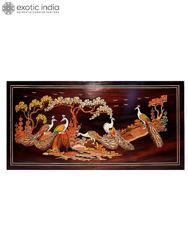 30" Many Attractive Peacock's In Jungle | Natural Color On 3D Wood Painting With Inlay Work