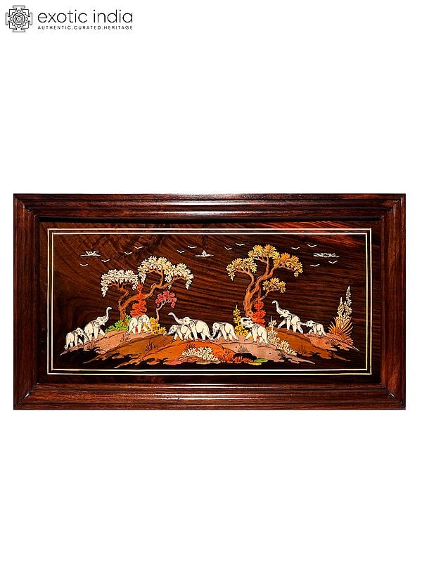 27" Herd Of Roaring Elephant's In Jungle | Natural Color On 3D Wood Painting With Inlay Work