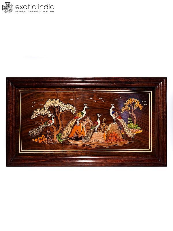 27" Beautiful Peacocks In Jungle | Natural Color On 3D Wood Painting With Inlay Work