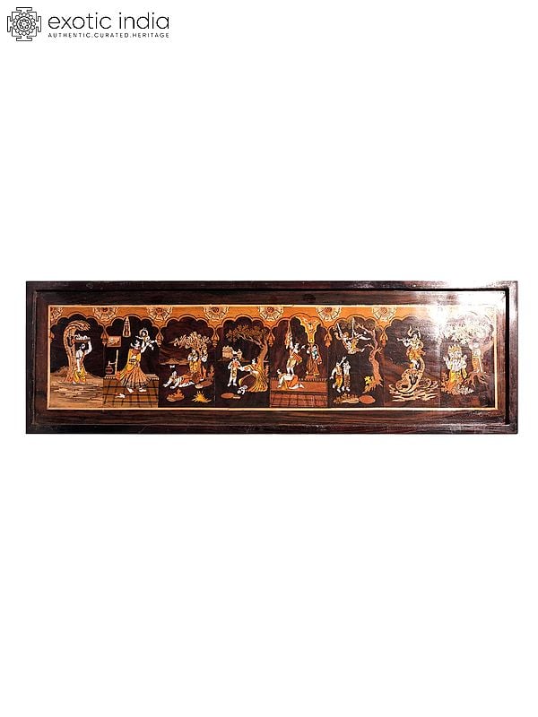 31" Beautiful View Of Krishna Leela | Natural Color On Wood Panel With Inlay Work