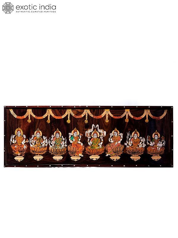 36" Ashta Lakshmi Seated On Lotus | Natural Color On Wood Panel With Inlay Work