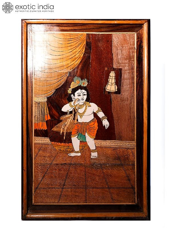 21" Butter Eating Bal Krishna | Natural Color On Wood Panel With Inlay Work