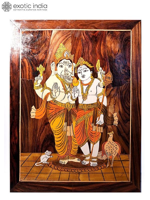 24" Brother's Love - Lord Ganesha And Kartikeya | Natural Color On Wood Panel With Inlay Work