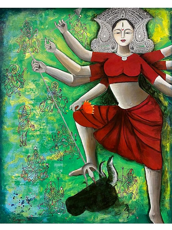 Mahishasura Mardini Goddess Durga | Acrylic And Charcoal On Canvas | By Kangana Vohra
