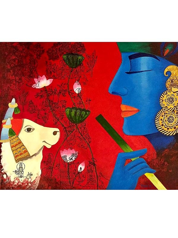Beautiful Krishna With Kamdhenu Cow | Acrylic And Ink On Canvas | By Kangana Vohra