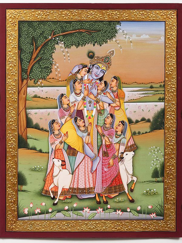 Krishna as Lord of Mind Control our Indriyas | Watercolor Painting with Gold Embroidered