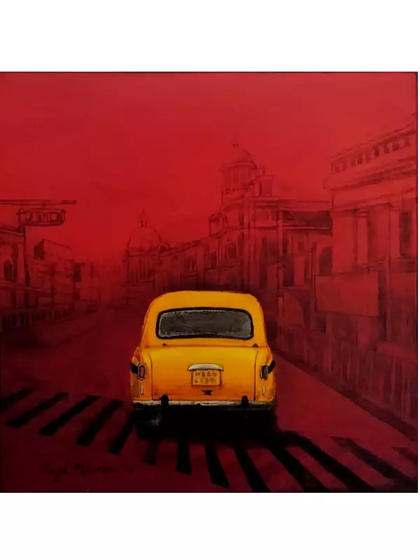 Yellow Taxi In Kolkata City | Acrylic On Canvas | By Payel Mitra