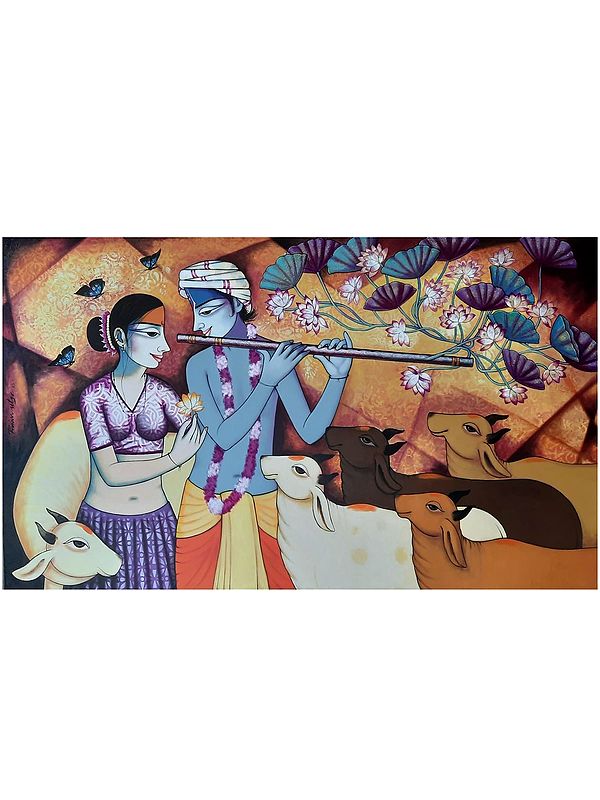 Radha And Krishna Together With Calm Cows | Acrylic On Canvas | By Pravin Utge