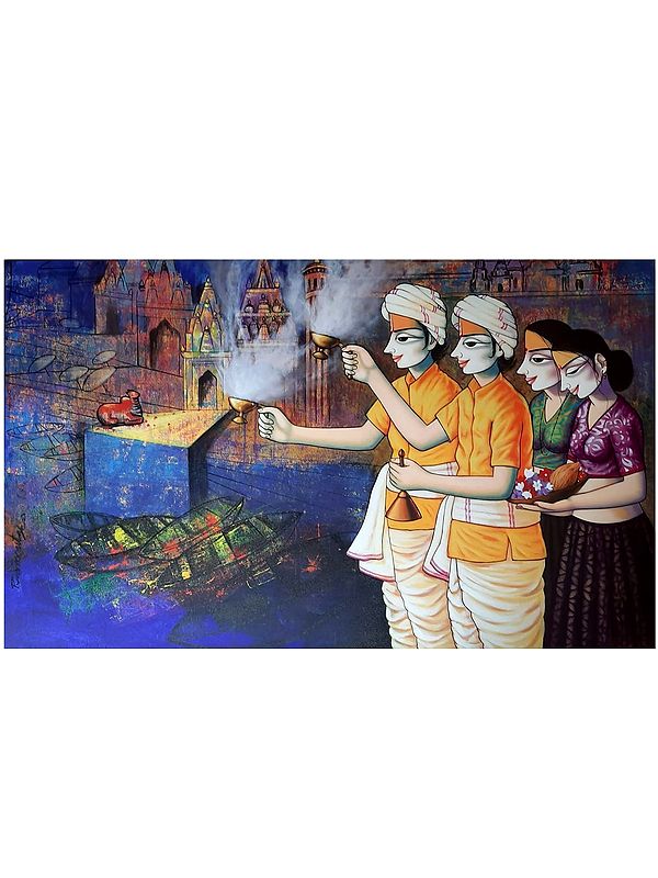 The Banaras Ghat - Ganga Puja | Acrylic On Canvas | By Pravin Utge