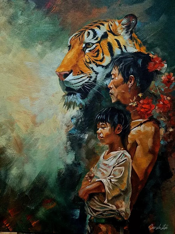 Men And Boy With Tiger Painting | Acrylic On Canvas | By Sanchita Agrahari