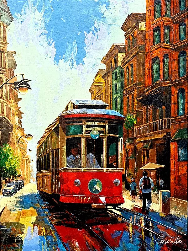City And Street Train Painting | Acrylic On Canvas | By Sanchita Agrahari