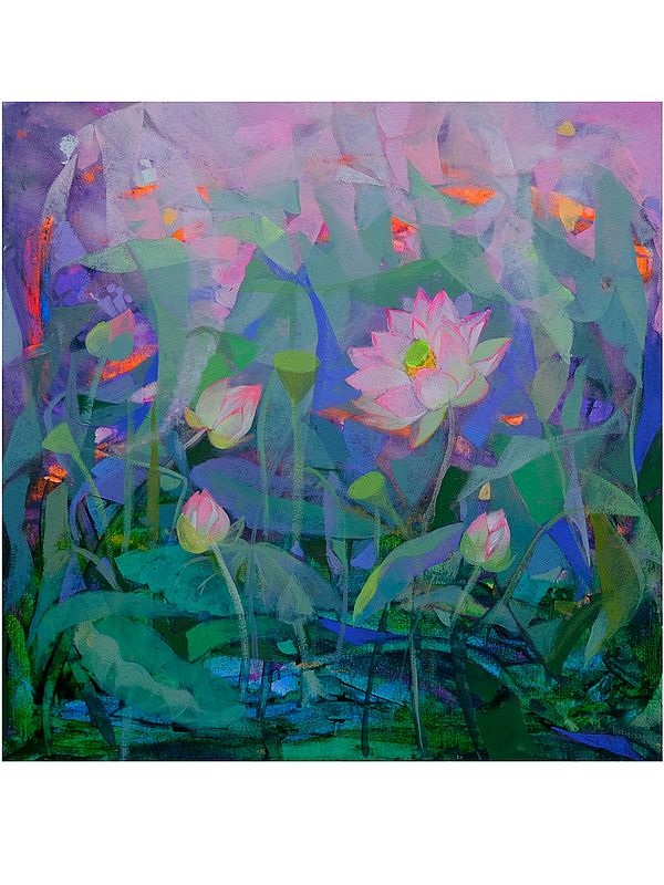 Pink Lotus With Pond Painting | Acrylic On Canvas | By Sumita Maity