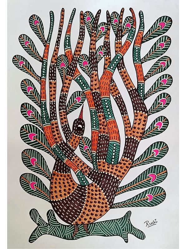 Dancing Peacock - Gond Art | Alcohol Markers And Fineliners On Paper | By Ruchi