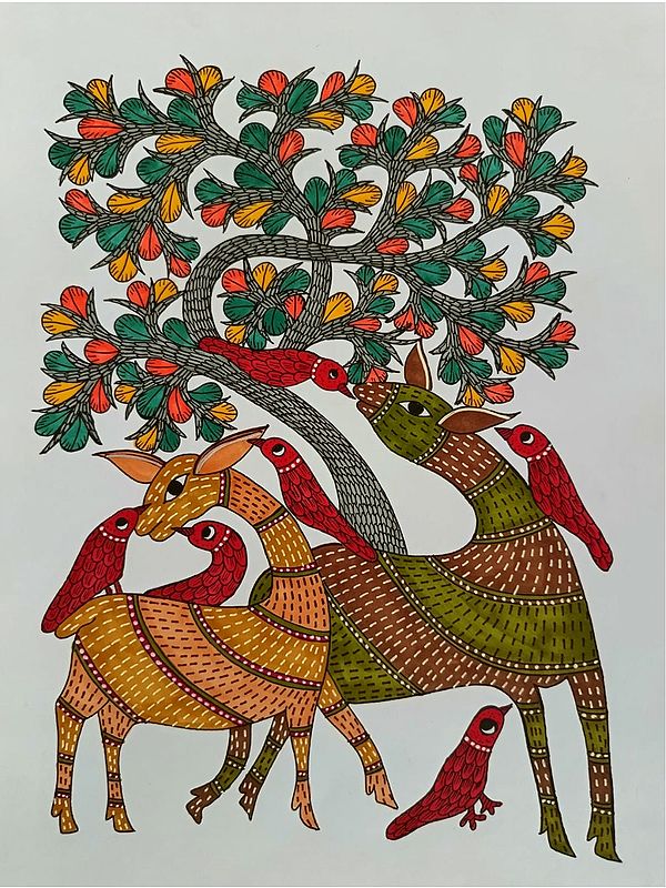 Deer With Birds - Gond Art | Alcohol Markers And Fineliners On Paper | By Ruchi