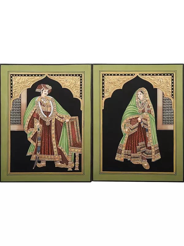 Standing Queen And King - Embossed With Inlay Work - Set of 2 | Stone On Base Paper | By Kailash Chandra
