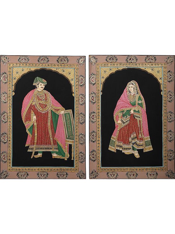 The Royal King And Queen - With Inlay Work - Set of 2 | Stone On Base Paper | By Kailash Chandra