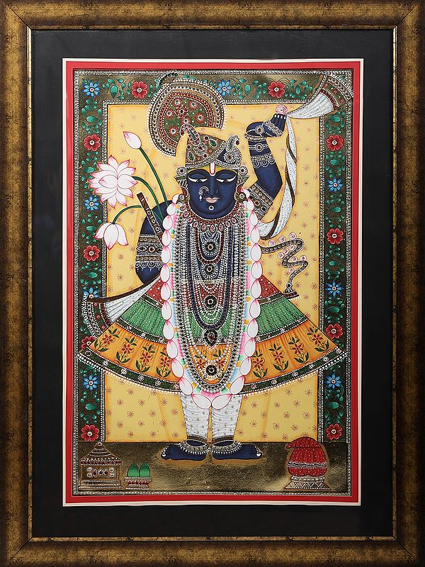 Attractive Shrinath Ji With Lotus - Pichwai Painting | With Frame | Stone Color On Silk | By Kailash Chandra