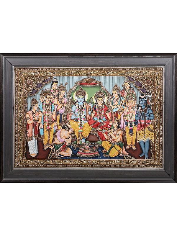Beautiful Ram Darbar With Gods - With Inlay Work | With Frame | Gold Foil On Wood With Natural Colors | By Kailash Chandra