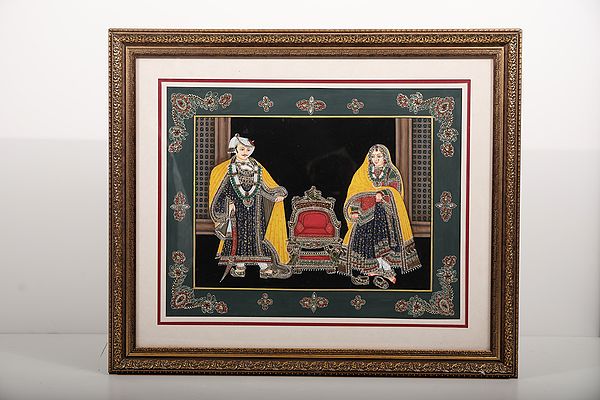 Standing Queen And King With Yellow Dupatta - With Inlay Work | With Frame | Natural Colors On Paper | By Kailash Chandra