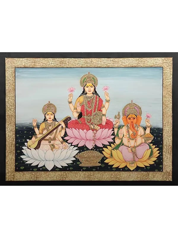 Goddess Dhana Lakshmi With Saraswati And Ganesha - With Inlay Work | Tanjore Painting | Original Gold On Wood | By Kailash Chandra