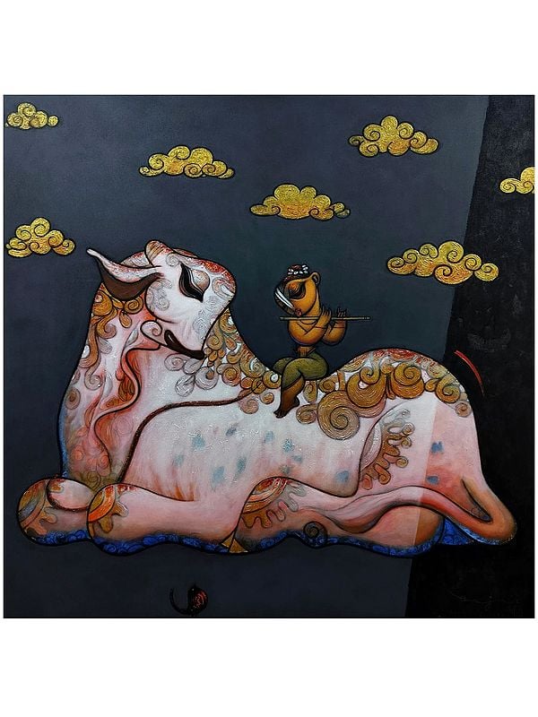 Krishna Sitting On The Cow | Acrylic On Canvas | By Ramesh Gujar