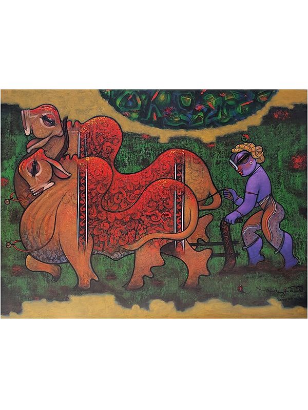Krishna Grazing Nandi Cow | Acrylic On Canvas | By Ramesh Gujar