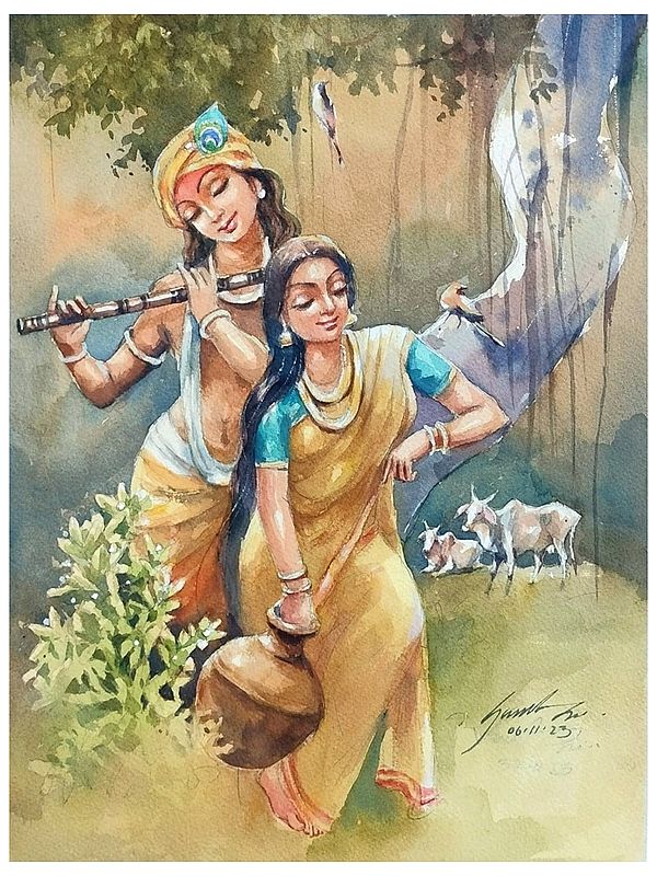 Radha Krishna Painting | Watercolour On Paper | By Sarat Shaw