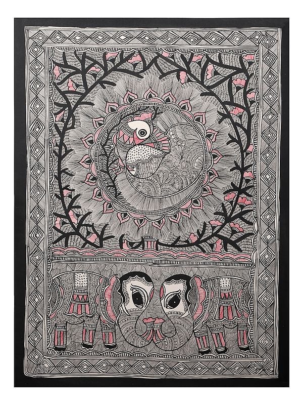 Peacock With Elephant - Madhubani Art | Handmade Paper | By Ashutosh Jha