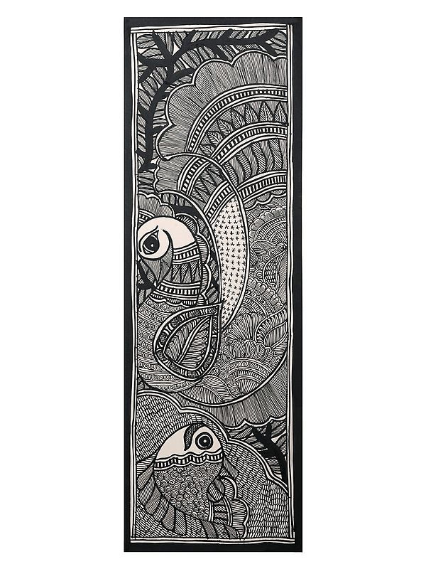 Peacock and Fish Madhubani Painting | Handmade Paper | By Ashutosh Jha