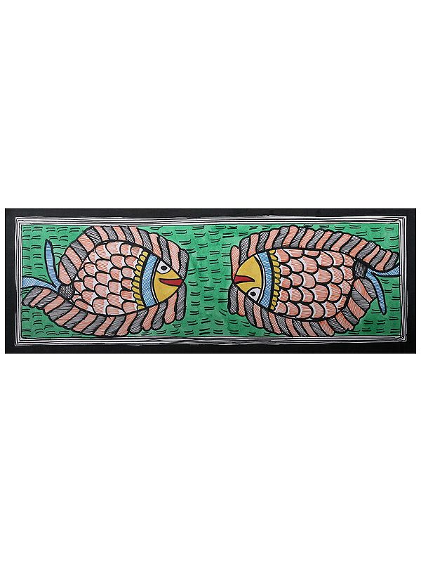Twin Fish | Madhubani Painting on Handmade Paper | By Ashutosh Jha