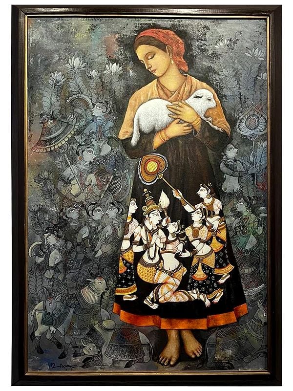 Lady Holding A Lamb | Acrylic On Canvas | By Nikunja Bihari Das | With Frame