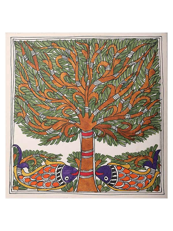 Fish Under the Tree | Madhubani Painting on Handmade Paper | By Ashutosh Jha