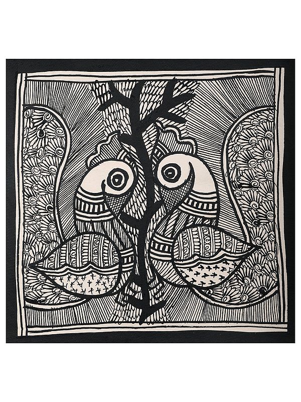 Twin Peacock - Madhubani Art on Handmade Paper | By Ashutosh Jha