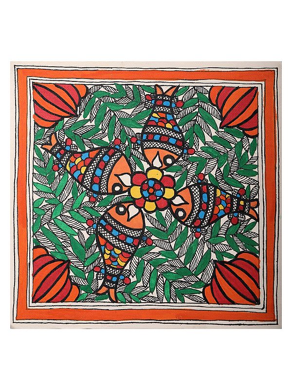 Fishes in Communion | Madhubani Art on Handmade Paper | By Ashutosh Jha