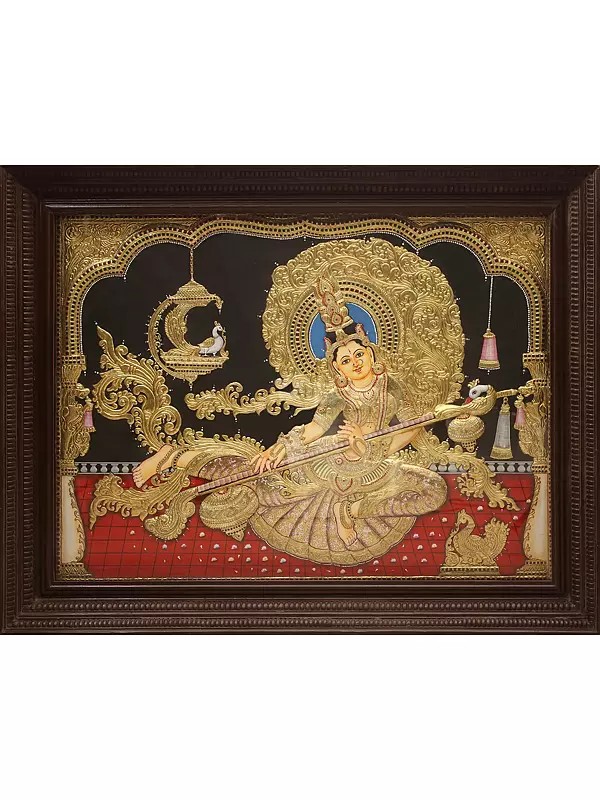 Goddess Saraswati | Embossed Tanjore Painting | Traditional Colors with 24 Karat Gold | With Frame